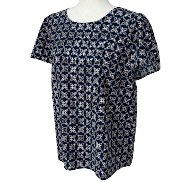 J. Crew Factory Printed Short-Sleeve Blouse Navy Blue White EUC - Picture 3 of 8